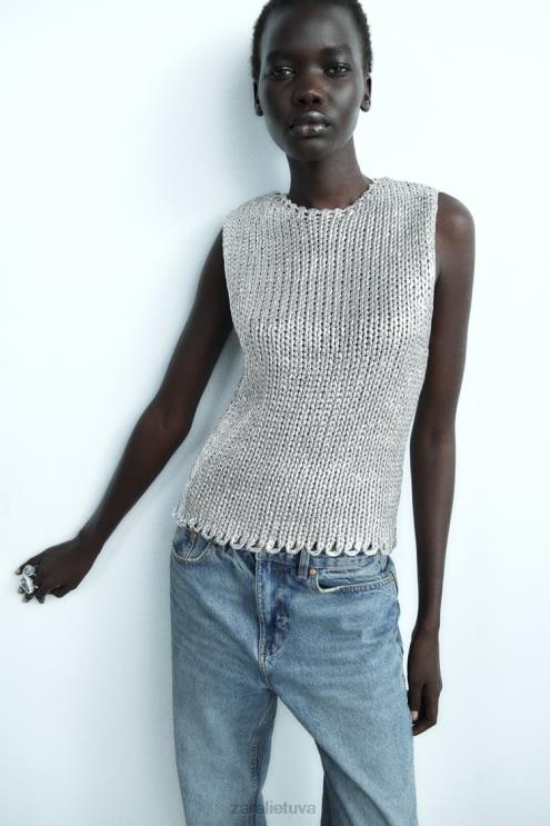 moterys Zara metalinė megzta liemenė sidabras apranga 4N488213
