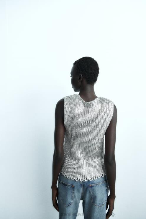 moterys Zara metalinė megzta liemenė sidabras apranga 4N488213