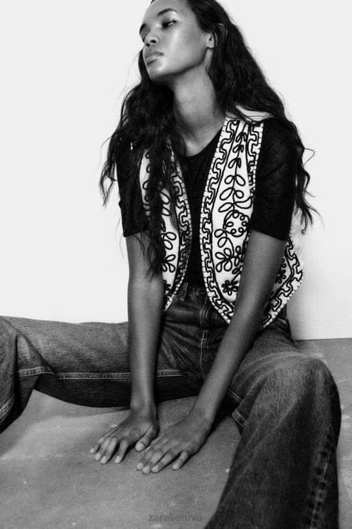 moterys Zara siuvinėta dygsniuota liemenė ekru apranga 4N488222