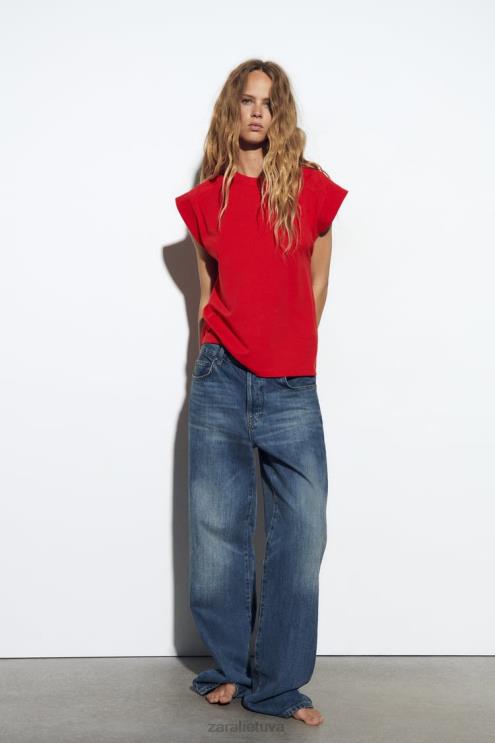 moterys Zara medvilniniai marškinėliai su briaunomis raudona apranga 4N488469