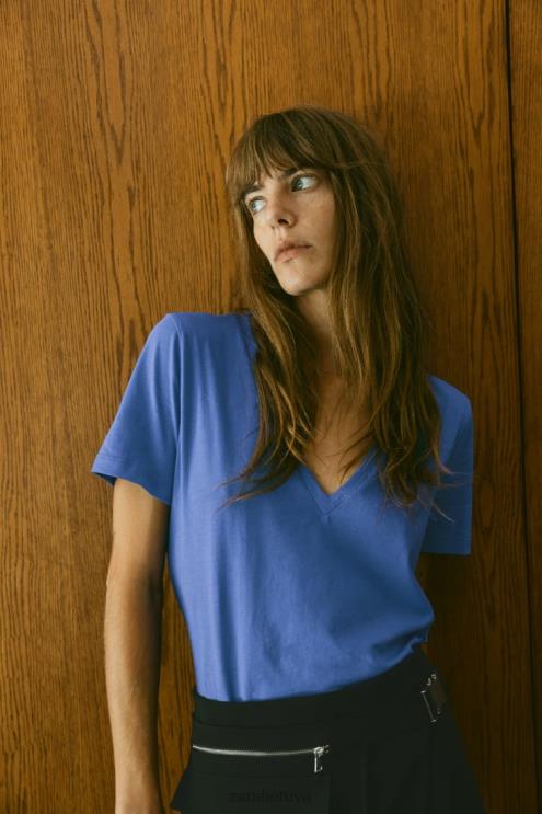 moterys Zara pagrindiniai medvilniniai marškinėliai su V formos iškirpte melsva apranga 4N488466