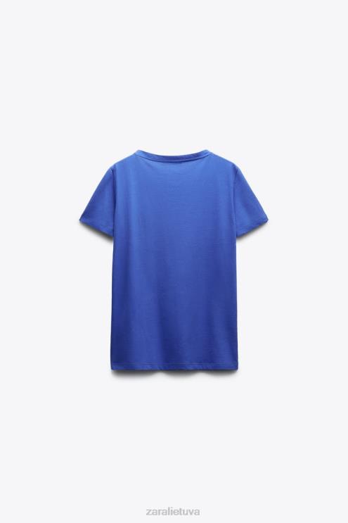 moterys Zara pagrindiniai medvilniniai marškinėliai su V formos iškirpte melsva apranga 4N488466