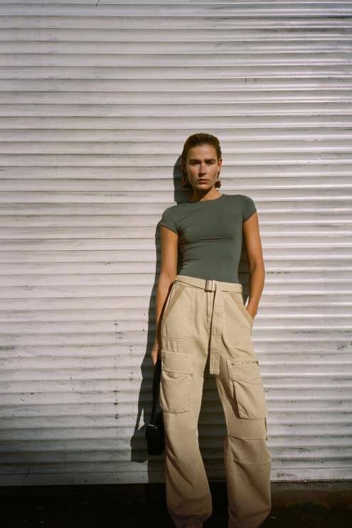 moterys Zara poliamido marškinėliai chaki apranga 4N488475