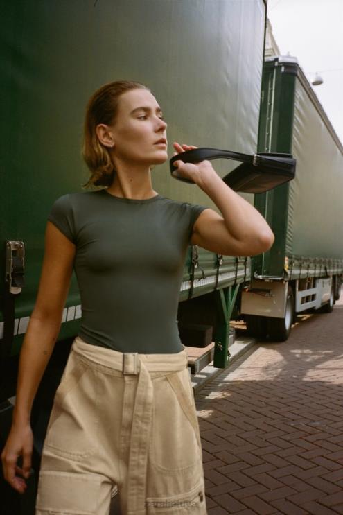 moterys Zara poliamido marškinėliai chaki apranga 4N488475