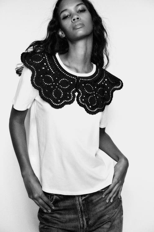 moterys Zara siuvinėta apykakle baltas apranga 4N488463