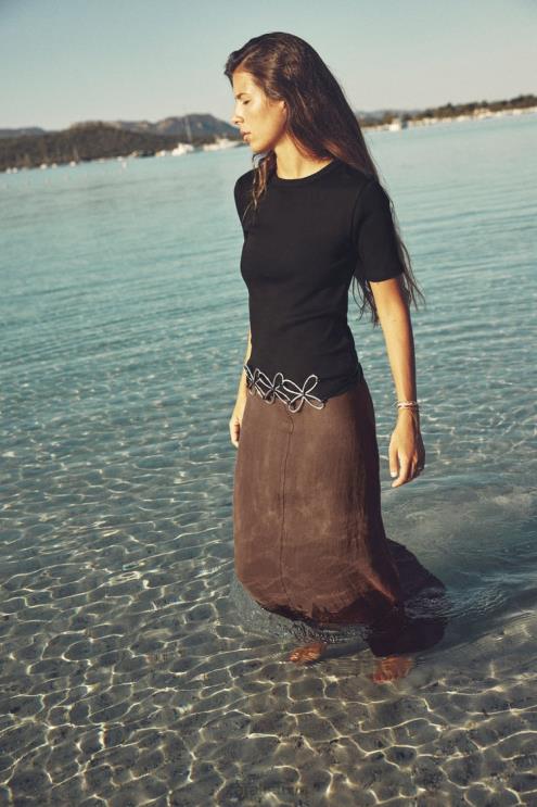 moterys Zara šviesūs marškinėliai su šonkauliu juodas apranga 4N488472