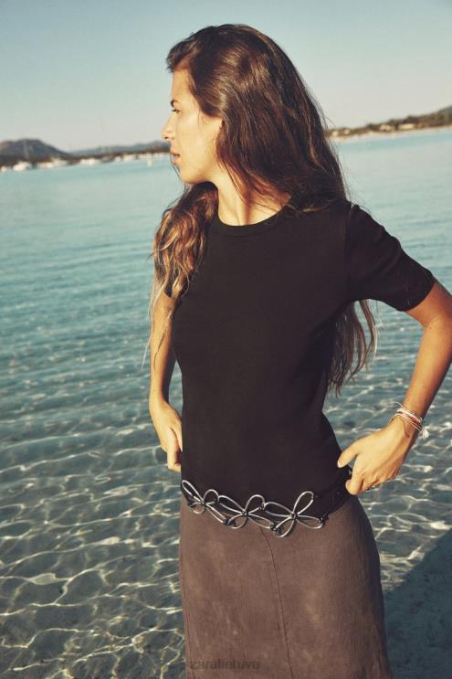 moterys Zara šviesūs marškinėliai su šonkauliu juodas apranga 4N488472