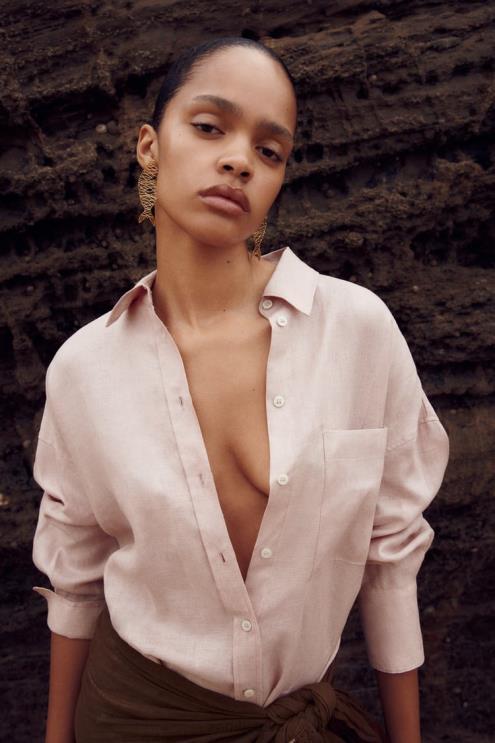 moterys Zara 100% lininiai marškiniai smėlio/rožinės spalvos apranga 4N488365