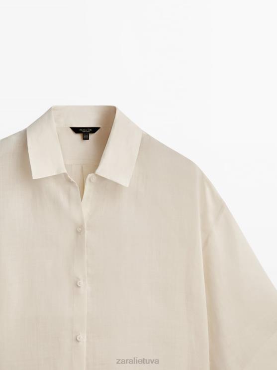 moterys Zara 100% ramės marškiniai trumpomis rankovėmis ekru apranga 4N488863