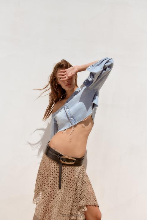 moterys Zara TRF asimetriniai džinsiniai marškinėliai mėlyna apranga 4N488452