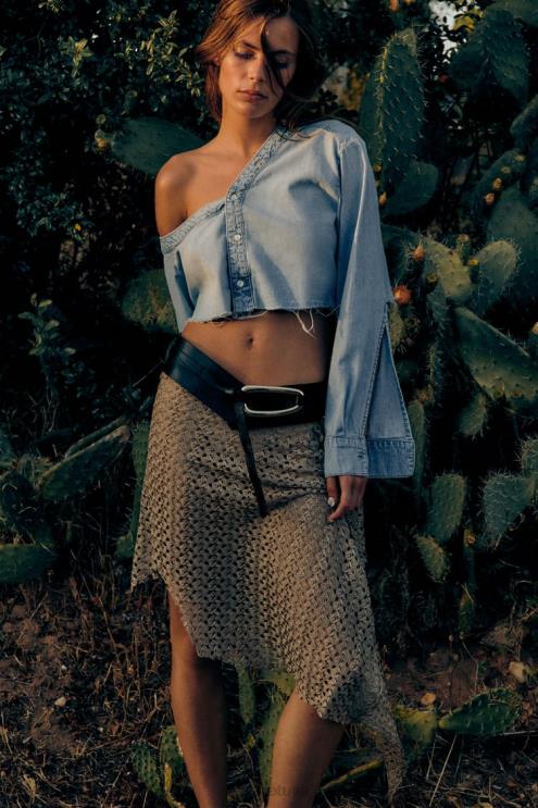 moterys Zara TRF asimetriniai džinsiniai marškinėliai mėlyna apranga 4N488452