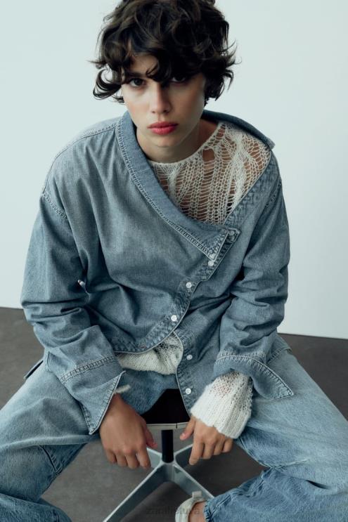 moterys Zara TRF asimetriniai džinsiniai marškinėliai šviesiai mėlynas apranga 4N488287