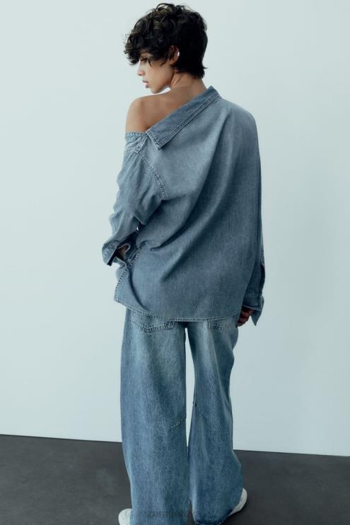 moterys Zara TRF asimetriniai džinsiniai marškinėliai šviesiai mėlynas apranga 4N488287