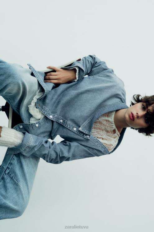 moterys Zara TRF asimetriniai džinsiniai marškinėliai šviesiai mėlynas apranga 4N488287
