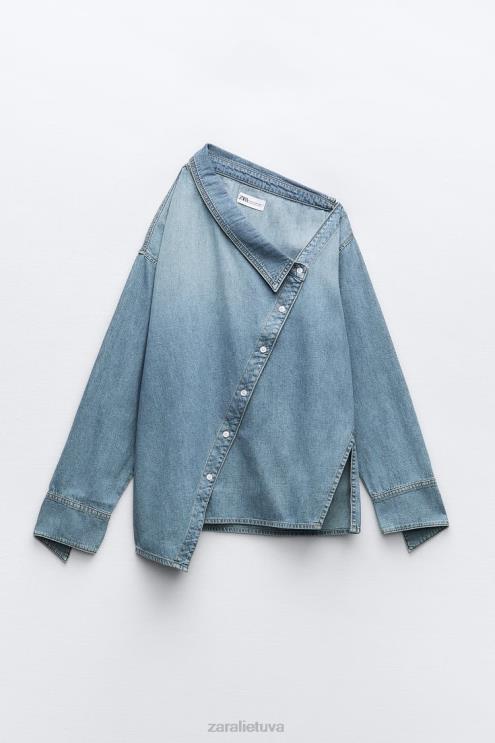 moterys Zara TRF asimetriniai džinsiniai marškinėliai šviesiai mėlynas apranga 4N488287