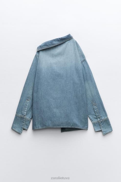 moterys Zara TRF asimetriniai džinsiniai marškinėliai šviesiai mėlynas apranga 4N488287