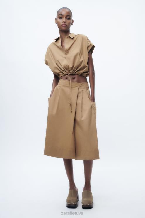 moterys Zara apkarpyti poplino marškiniai taupiai ruda apranga 4N488392
