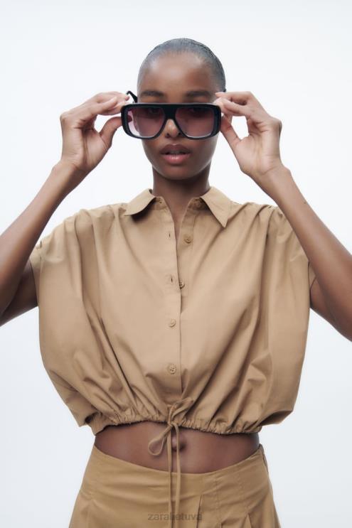 moterys Zara apkarpyti poplino marškiniai taupiai ruda apranga 4N488392