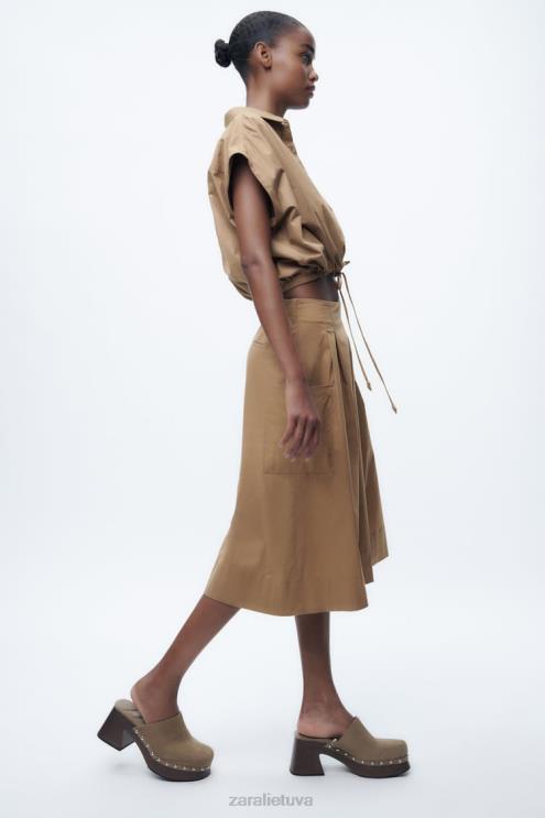 moterys Zara apkarpyti poplino marškiniai taupiai ruda apranga 4N488392