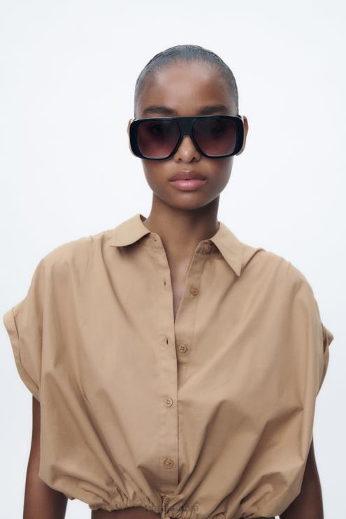 moterys Zara apkarpyti poplino marškiniai taupiai ruda apranga 4N488392