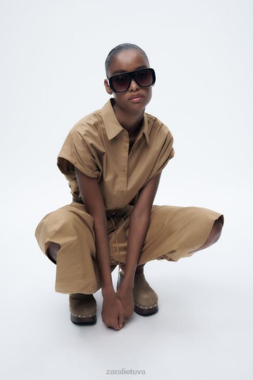 moterys Zara apkarpyti poplino marškiniai taupiai ruda apranga 4N488392