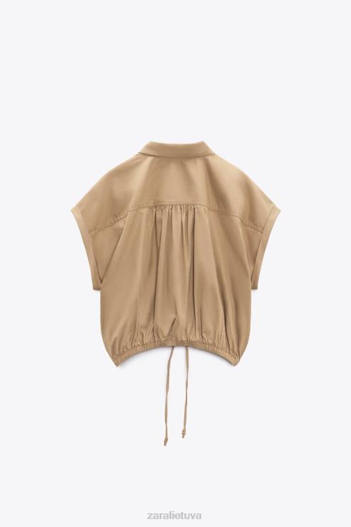 moterys Zara apkarpyti poplino marškiniai taupiai ruda apranga 4N488392