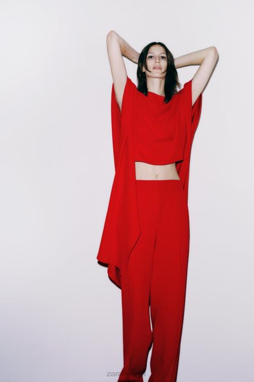 moterys Zara asimetriška palaidinė su pelerina ryškiai raudona apranga 4N488306