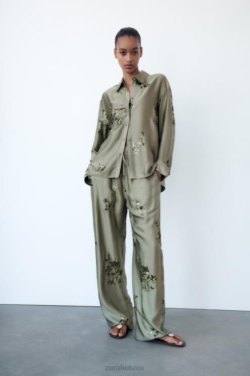 moterys Zara blizgučių satino efekto marškiniai šalavijų žalia apranga 4N488317