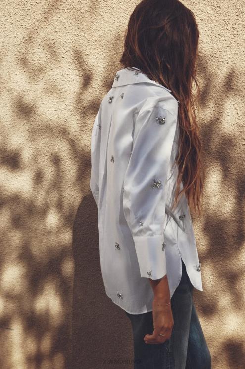 moterys Zara brangakmenių poplino marškinėliai baltas apranga 4N488302