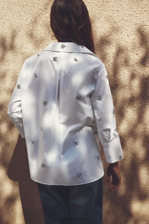 moterys Zara brangakmenių poplino marškinėliai baltas apranga 4N488302