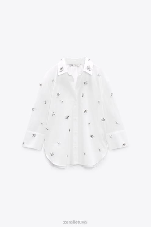 moterys Zara brangakmenių poplino marškinėliai baltas apranga 4N488302