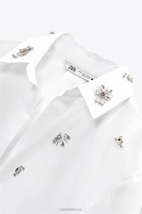 moterys Zara brangakmenių poplino marškinėliai baltas apranga 4N488302