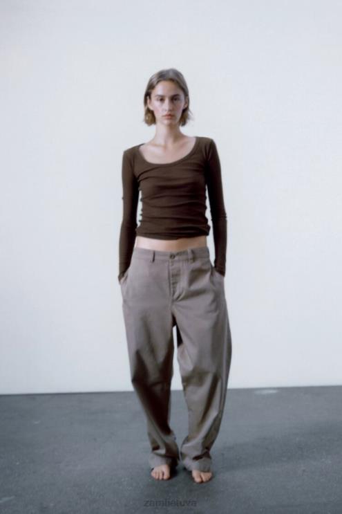 moterys Zara briaunoti marškiniai premium rudas apranga 4N488831