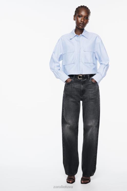 moterys Zara crop oxford marškinėliai mėlyna/balta apranga 4N488352