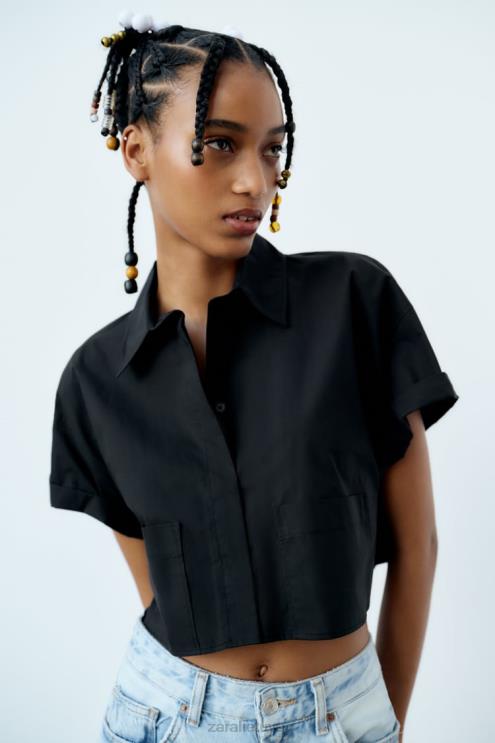 moterys Zara crop poplin marškiniai juodas apranga 4N488415