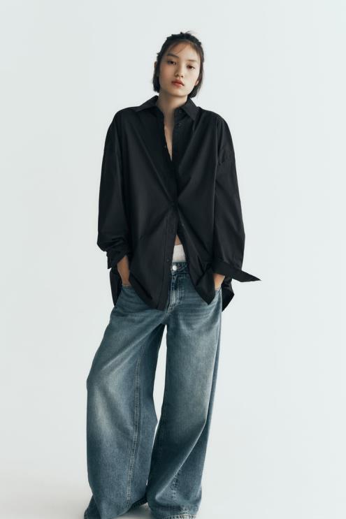 moterys Zara didelio dydžio poplino marškinėliai juodas apranga 4N488291