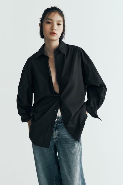 moterys Zara didelio dydžio poplino marškinėliai juodas apranga 4N488291