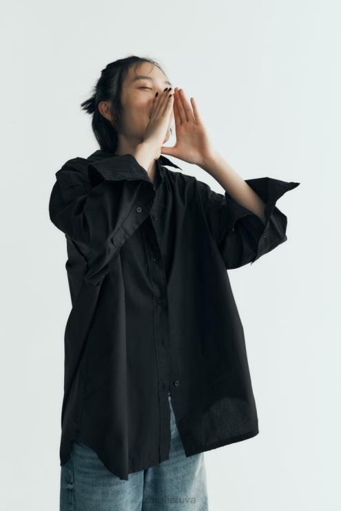 moterys Zara didelio dydžio poplino marškinėliai juodas apranga 4N488291