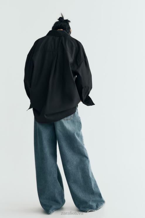 moterys Zara didelio dydžio poplino marškinėliai juodas apranga 4N488291