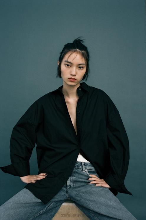 moterys Zara didelio dydžio poplino marškinėliai juodas apranga 4N488291