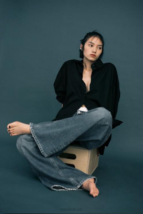 moterys Zara didelio dydžio poplino marškinėliai juodas apranga 4N488291