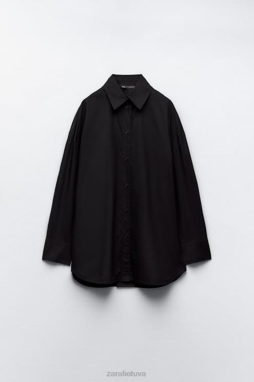 moterys Zara didelio dydžio poplino marškinėliai juodas apranga 4N488291