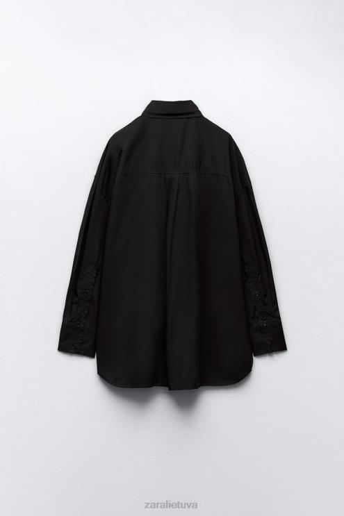 moterys Zara didelio dydžio poplino marškinėliai juodas apranga 4N488291