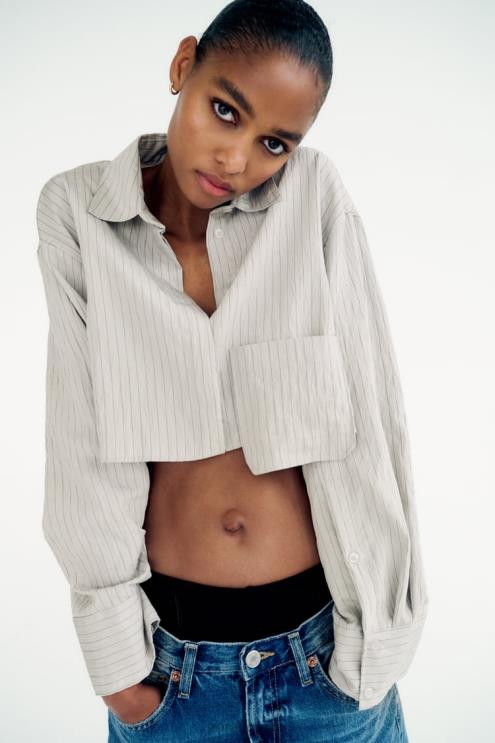 moterys Zara dryžuoti crop marškinėliai pilka apranga 4N488357