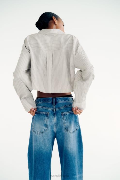 moterys Zara dryžuoti crop marškinėliai pilka apranga 4N488357