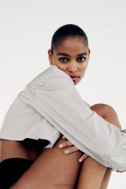 moterys Zara dryžuoti crop marškinėliai pilka apranga 4N488357