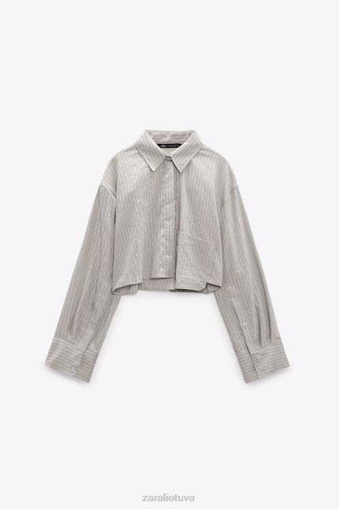 moterys Zara dryžuoti crop marškinėliai pilka apranga 4N488357