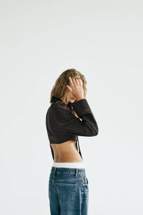 moterys Zara dryžuoti marškinėliai su kaklaraiščiu ruda/mėlyna apranga 4N488422