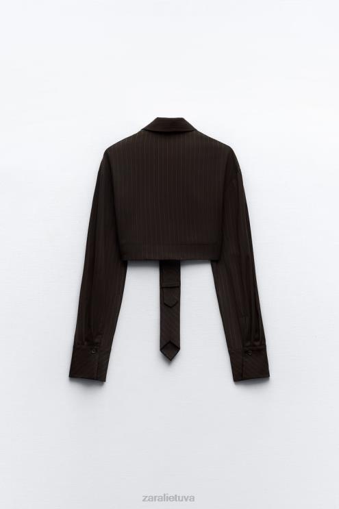 moterys Zara dryžuoti marškinėliai su kaklaraiščiu ruda/mėlyna apranga 4N488422