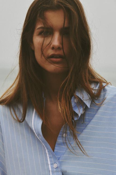 moterys Zara dryžuoti poplino marškinėliai mėlyna/balta apranga 4N488453